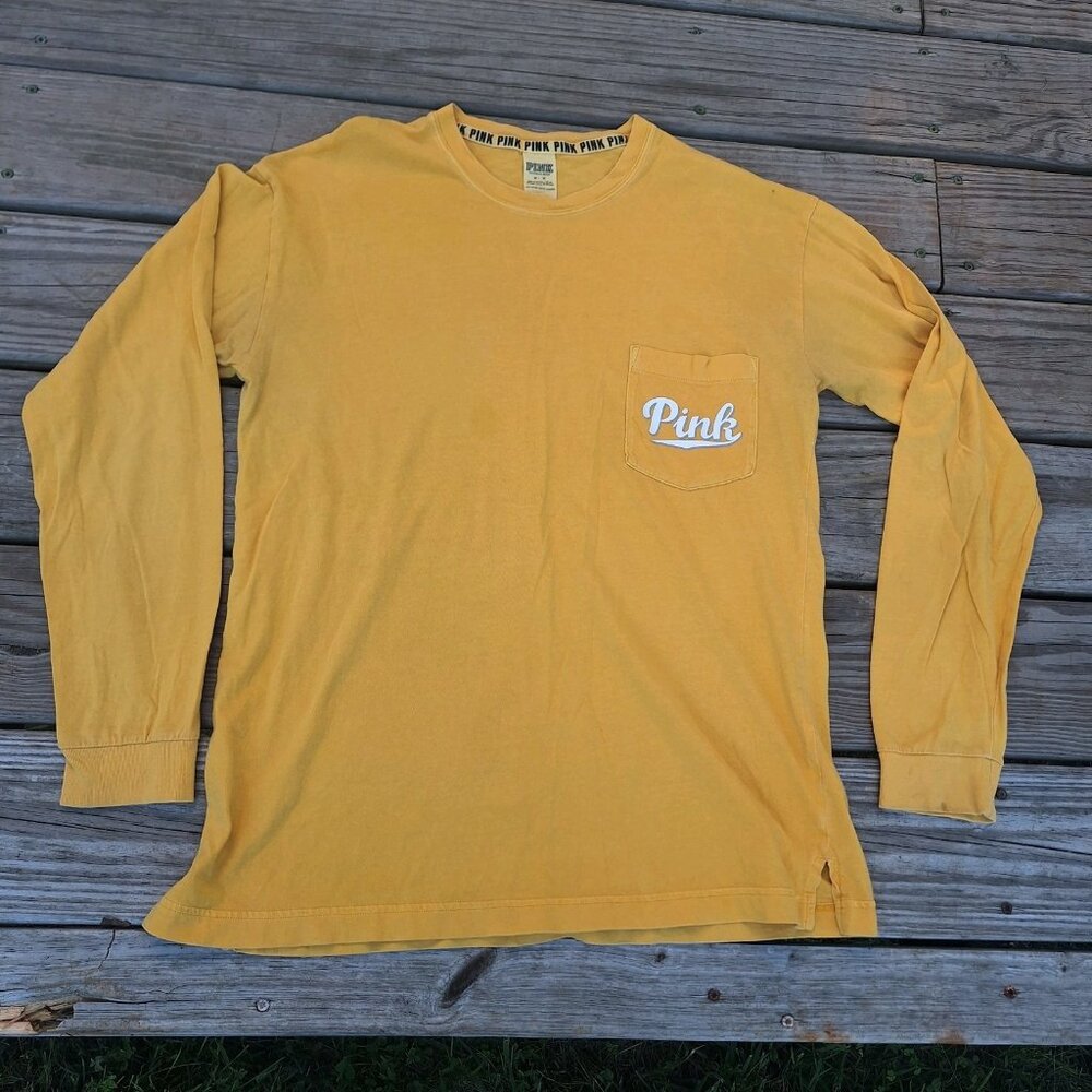 Victoria's Secret PINK M Yellow Grey/White Logo Campus Long Sleeve Tee *READ*